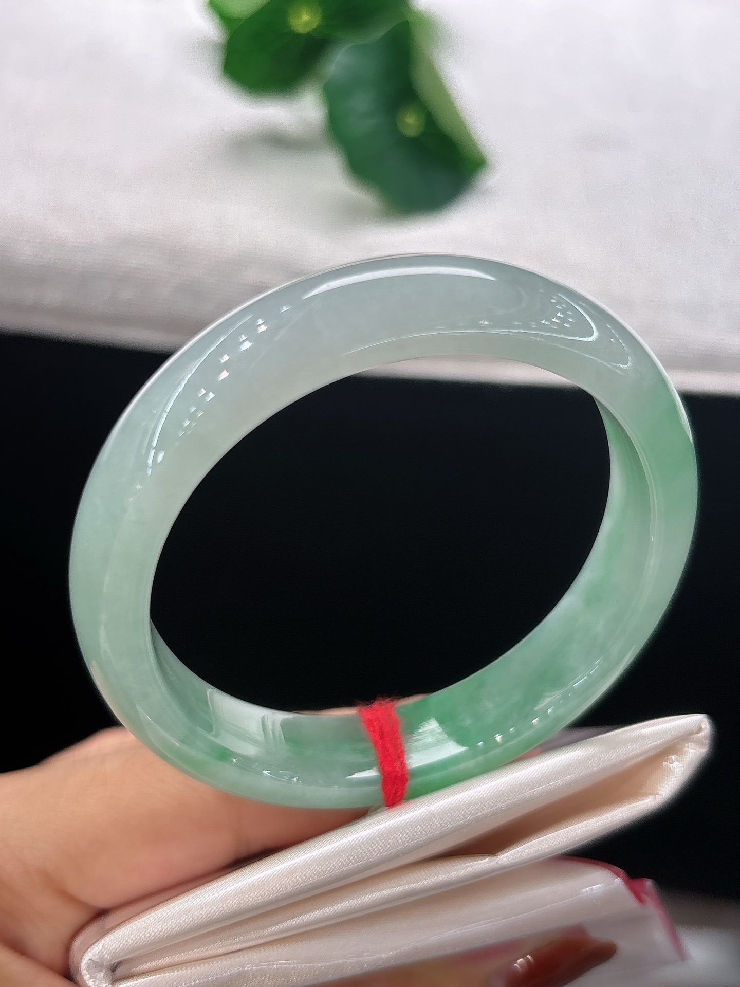 天然翡翠手镯，圈口53.7/10.4/7.6半段翠色悠然晕染，绿如春江染碧，温婉又富有灵动气韵，微纹