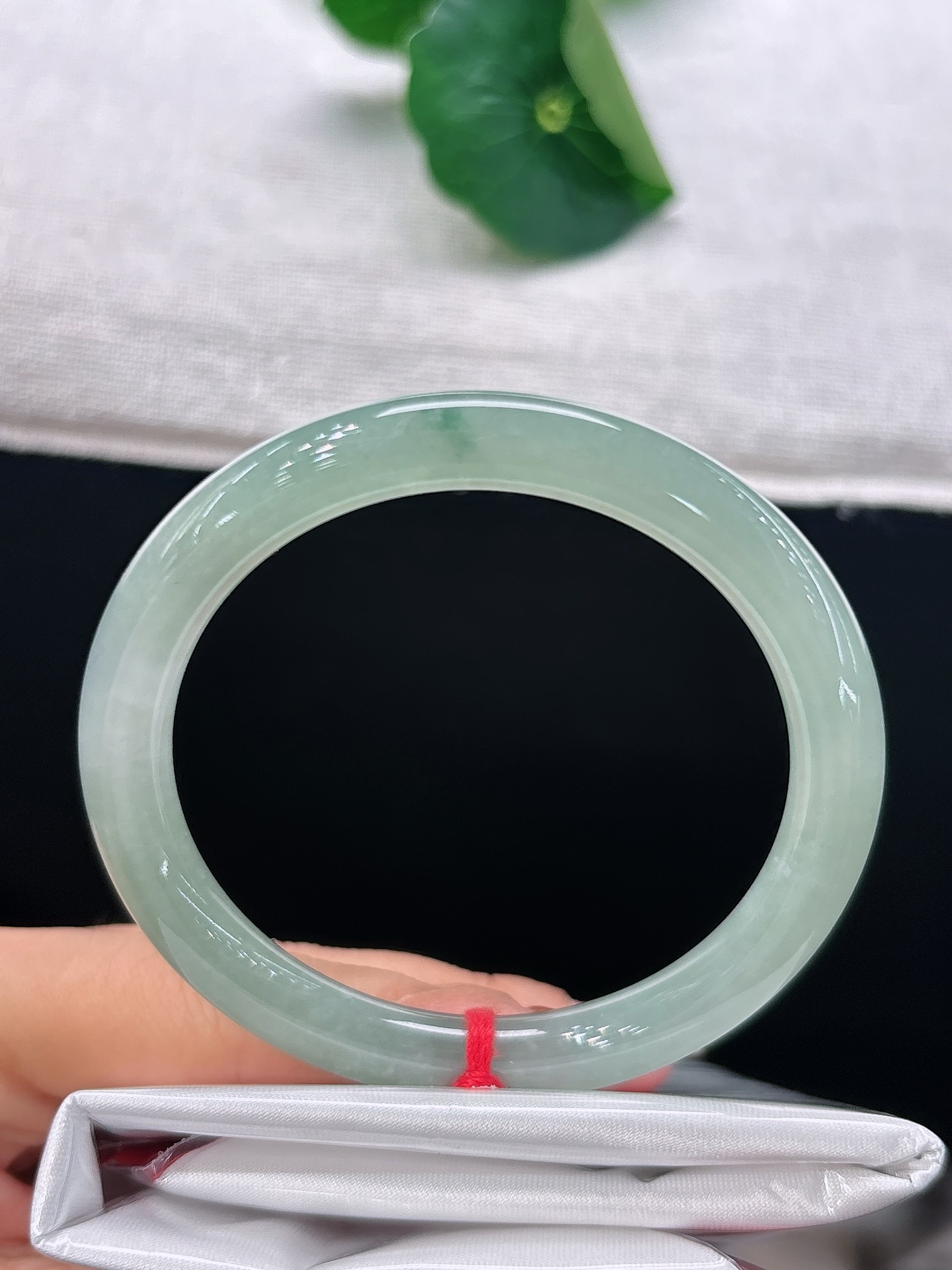 天然翡翠手镯，圈口53.5/7，冰润油青，似一汪静水，一抹翠丝点缀其间，简约素雅，沉静耐看，无裂