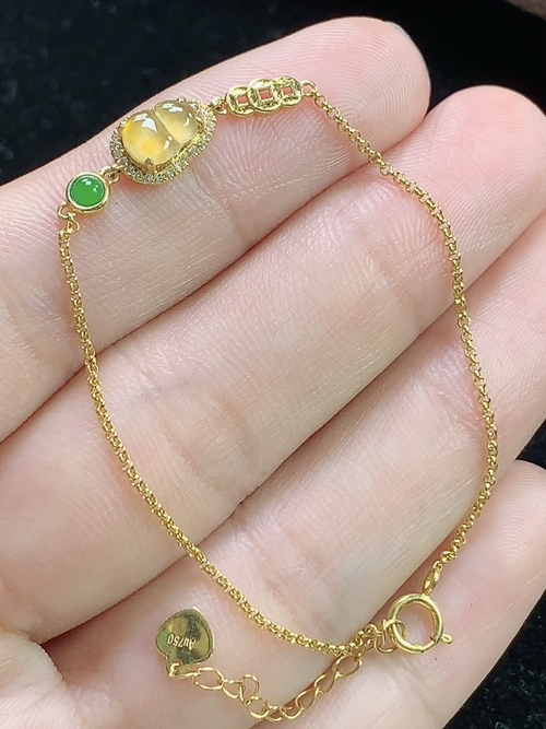 18k金镶冰黄翡葫芦手链，裸石尺寸16.7-4.9-2.0mm，S04sag