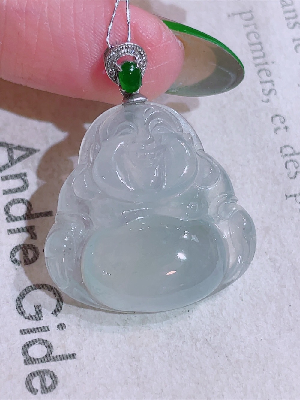 ️ 冰种佛公吊坠，无裂 18k金镶嵌 种水 厚装饱满 佛光普照 普度众生 笑口常开 大肚能容 荧光四射 刚性十足 性比高 整体30.5-23.0-5.8裸石22.6-23.0-5.8