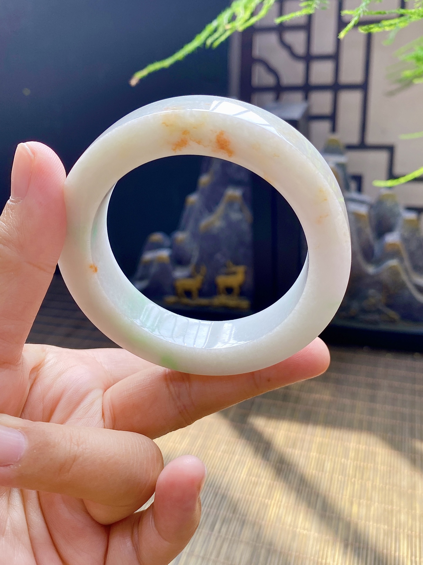 洒金飘绿手镯胚 尺寸53-71-12.5 编号JF905-3