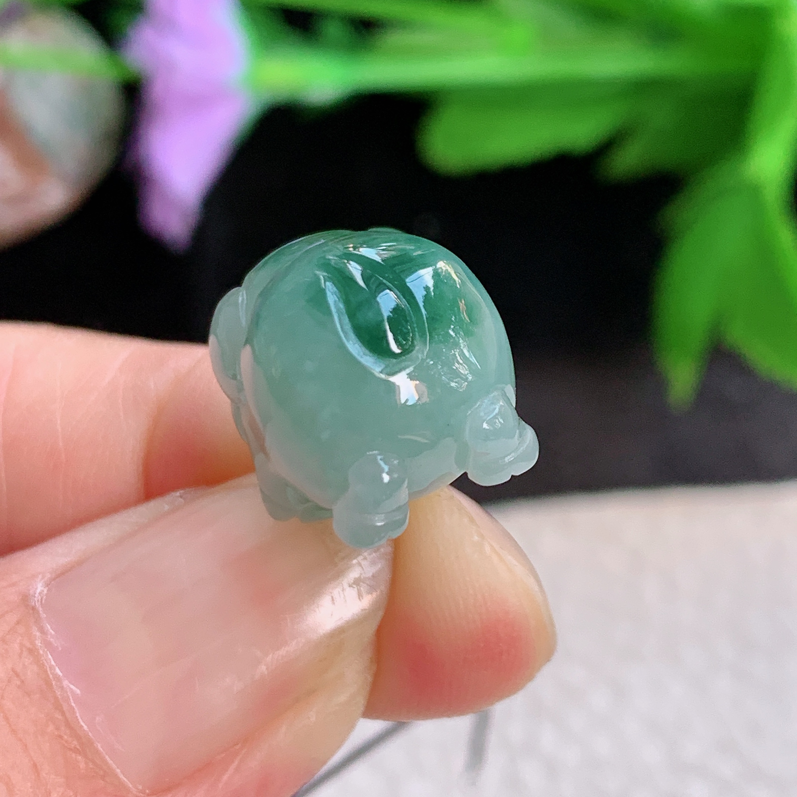 zen实拍15.8*12.5*13.2精雕缅甸翡翠飘花小猪猪 招财猪玉吊坠