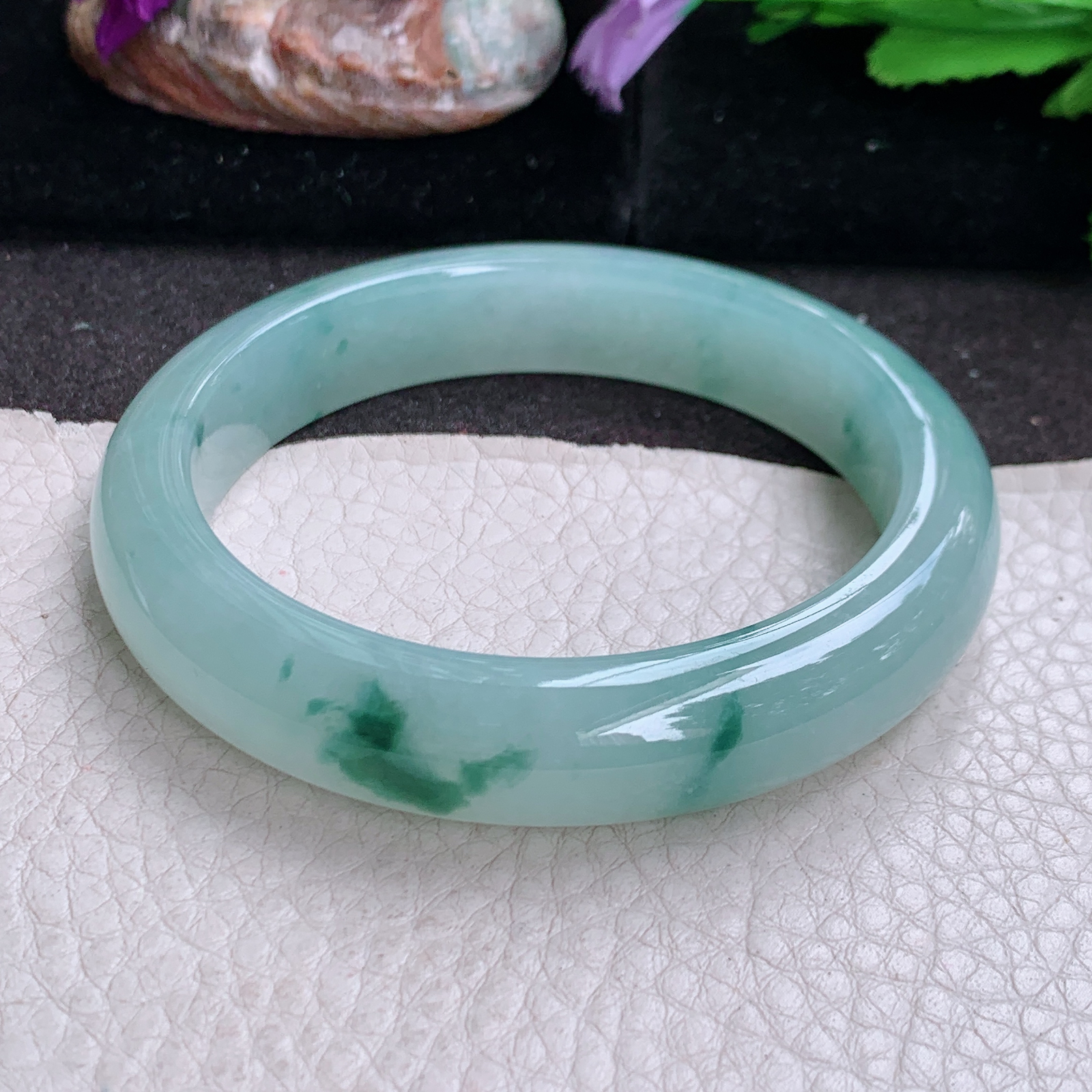 ll实拍57.8*12.5*8.5平安镯 缅甸翡翠a货玉手镯冰飘花清爽厚装宽边玉手环