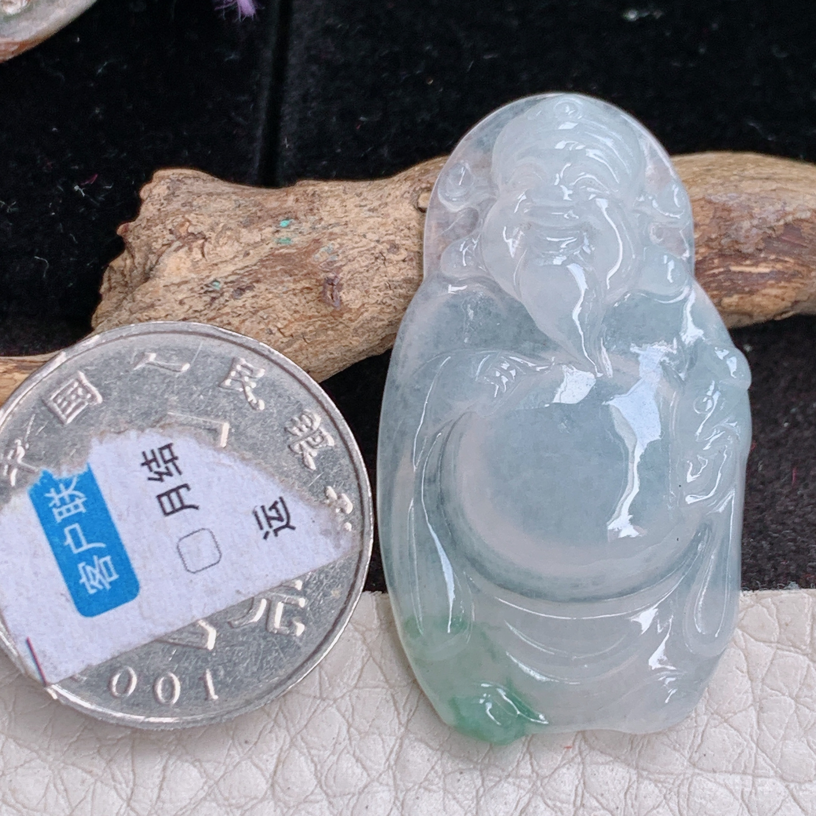 lz实拍40.8*22.8*5.8缅甸翡翠精雕高品质冰飘花财神爷 财爷玉吊坠