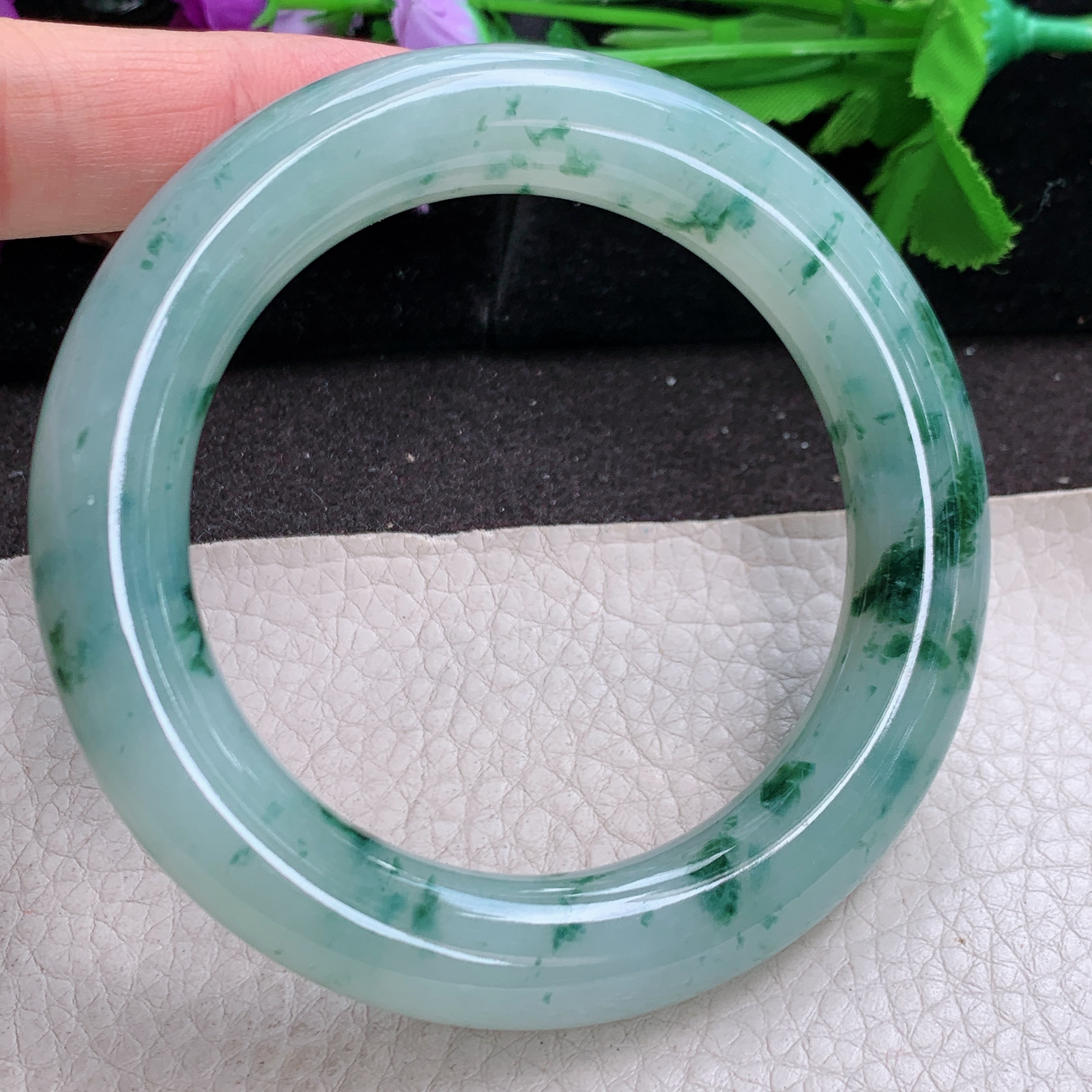 ll实拍58*12.3胖圆镯 缅甸翡翠a货玉手镯冰飘花圆条玉手环