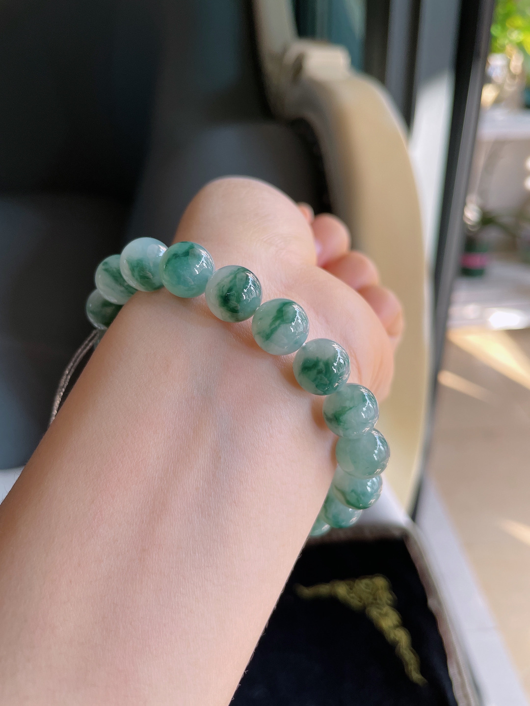 缅甸天然翡翠A货，冰飘花手链，尺寸：10mm。【编3190】