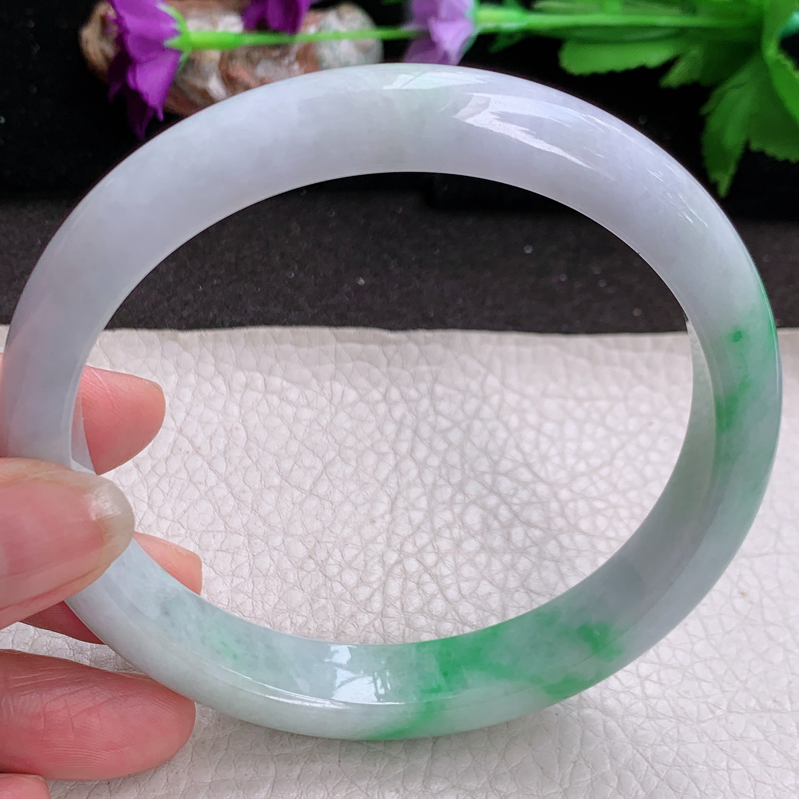 js大圈口71*12.7*8.7臂镯 缅甸翡翠a货玉手镯春带彩宽边玉手环