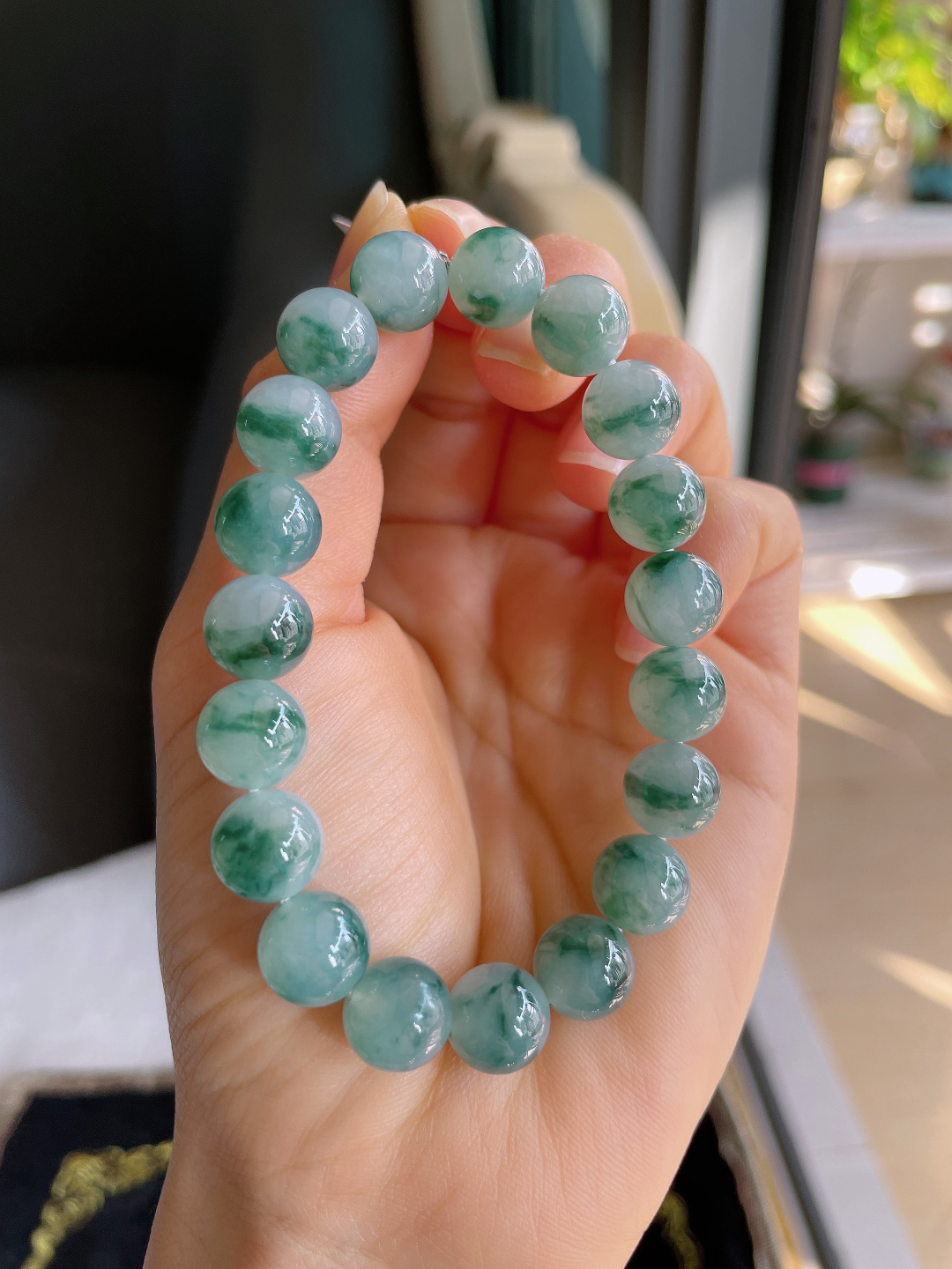 缅甸天然翡翠A货，冰飘花手链，尺寸：10mm。【编3190】