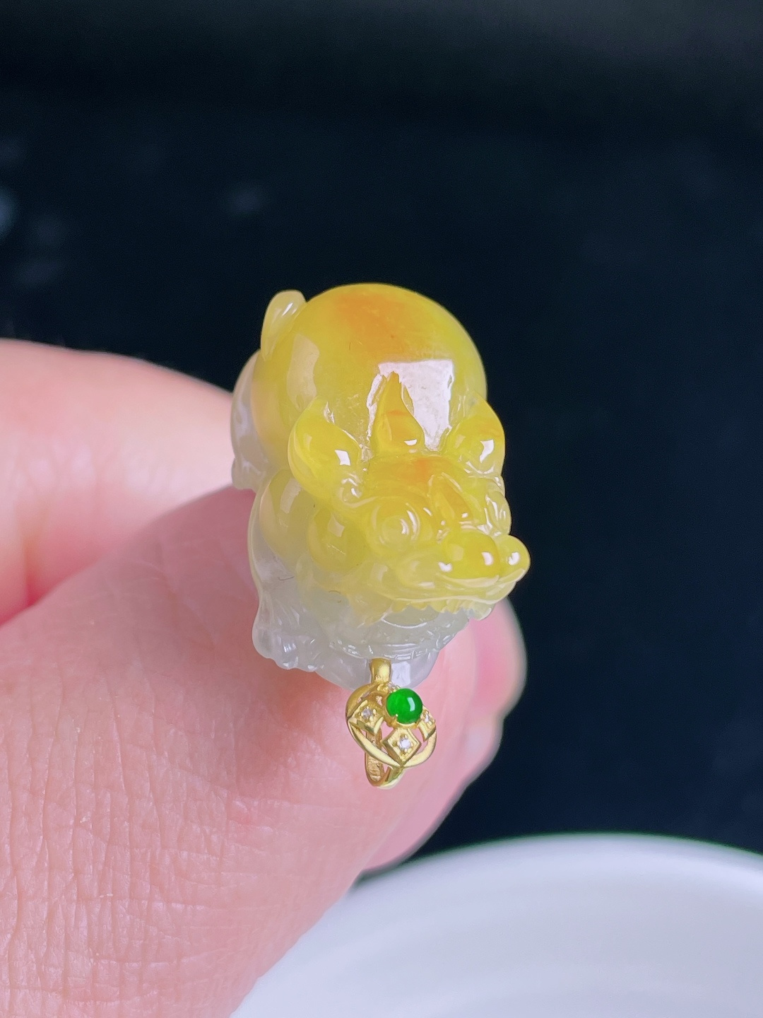 ️冰黄貔貅，18k镶嵌，老种起光，细底通透，尺寸：25.8裸石20/12.5/12.7mm1005