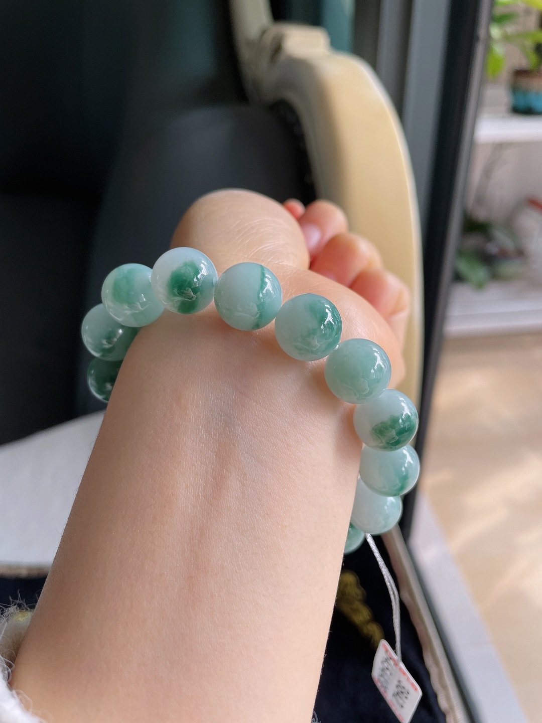 缅甸天然翡翠A货，冰飘花手链，尺寸：12.6mm。【编3842】