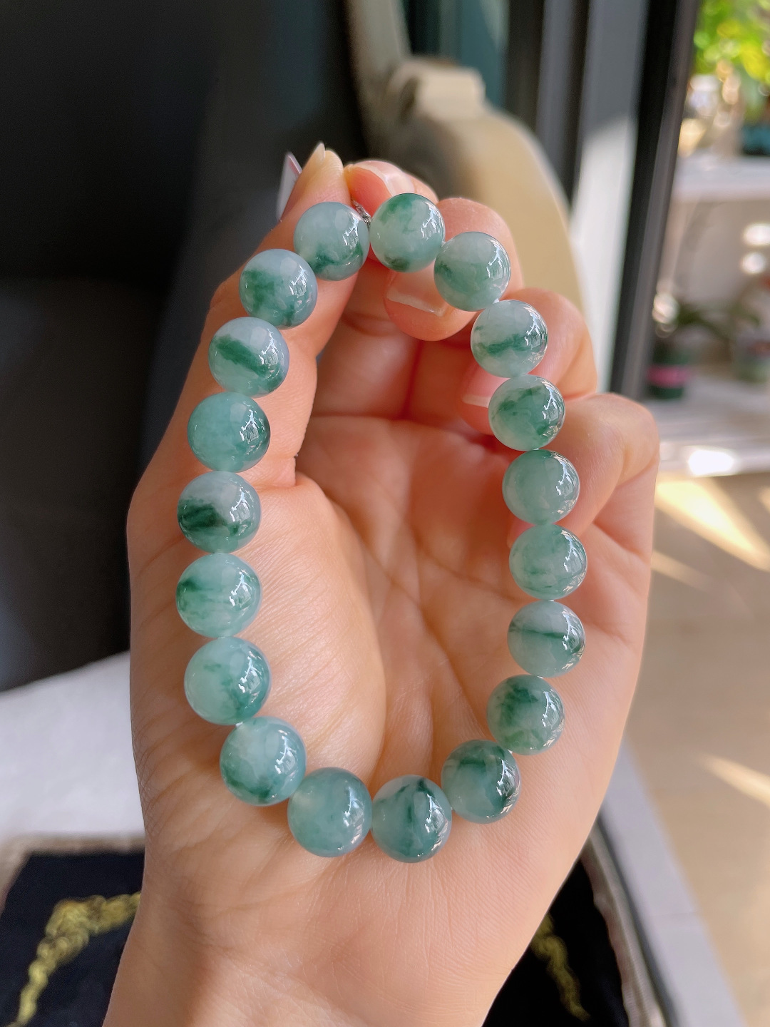 缅甸天然翡翠A货，冰飘花手链，尺寸：10mm。【编3190】