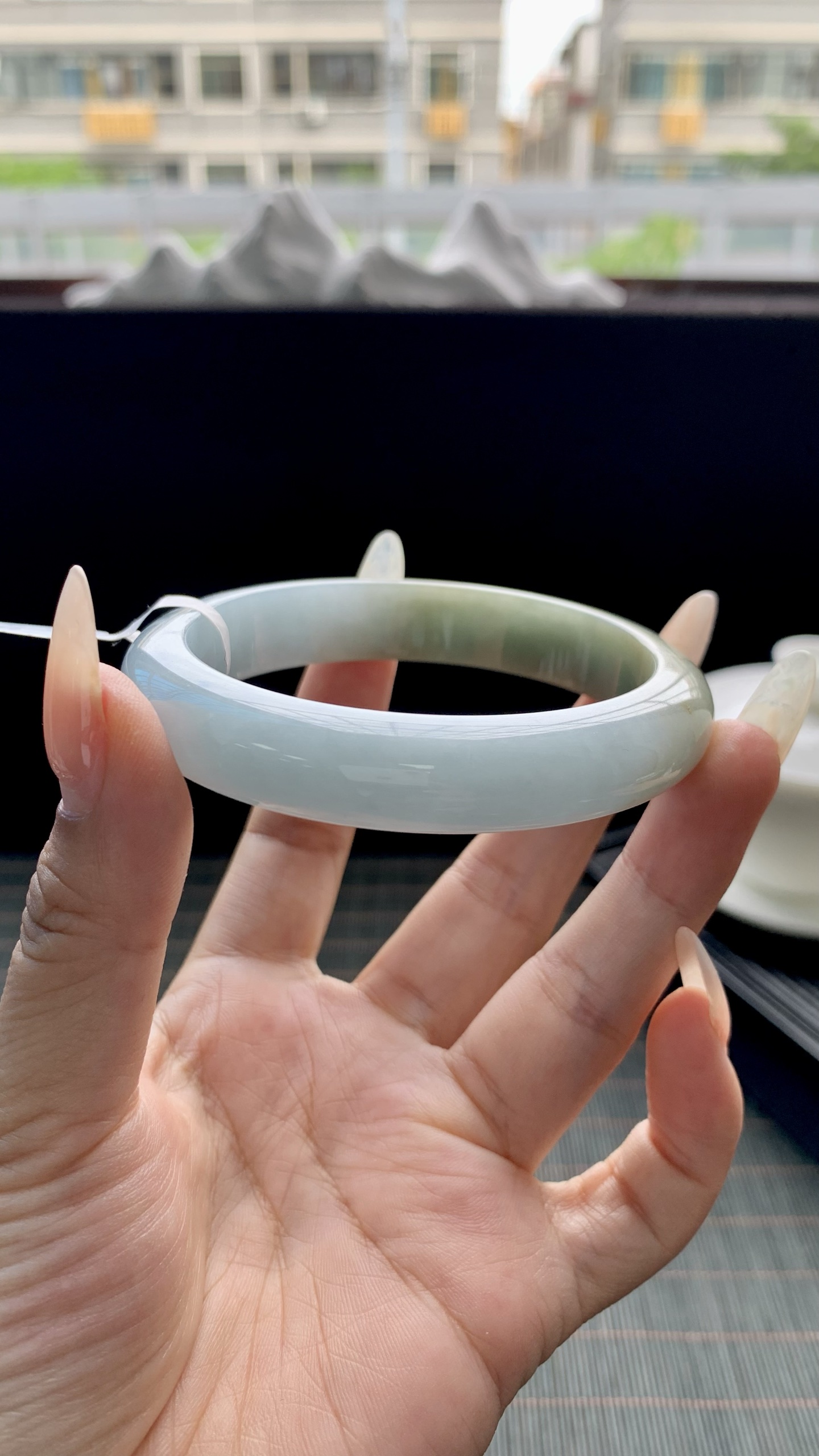 黄翡半山水正圈手镯成品 HYY-6008 尺寸：57-12-8
