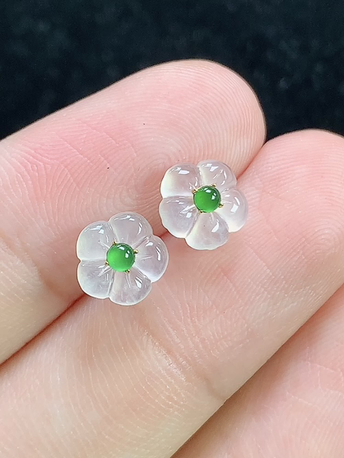 18k金镶冰种花开富贵耳钉，无裂，尺寸7.2-2.0mm，S05yja