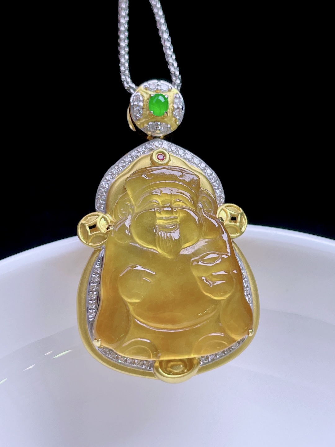 ️【冰种金黄财神 缅甸，无裂，色泽艳丽，18k金镶嵌 整体：35/21.3/11 裸石：21.7/18