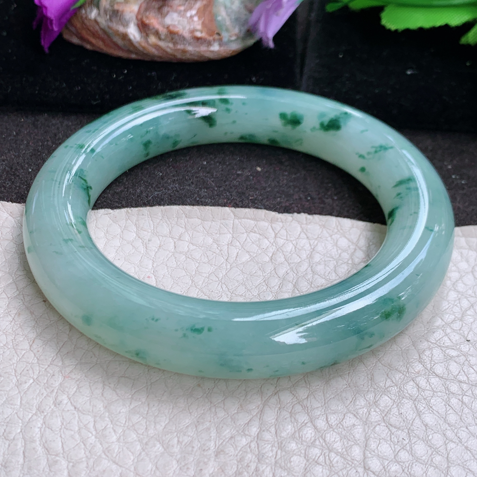 ll实拍58*12.3胖圆镯 缅甸翡翠a货玉手镯冰飘花圆条玉手环