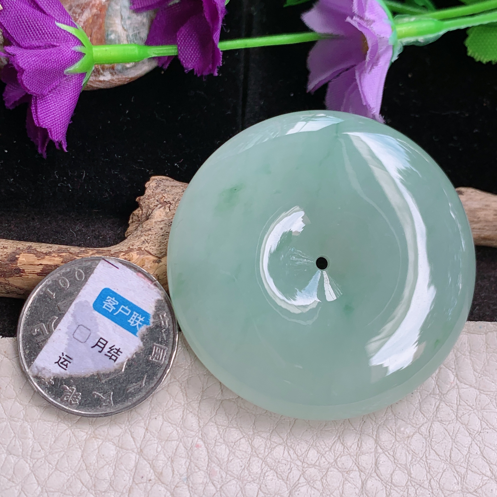 lz实拍48.5*10.2缅甸翡翠精雕高品质满绿飘花大平安扣 玉扣玉吊坠