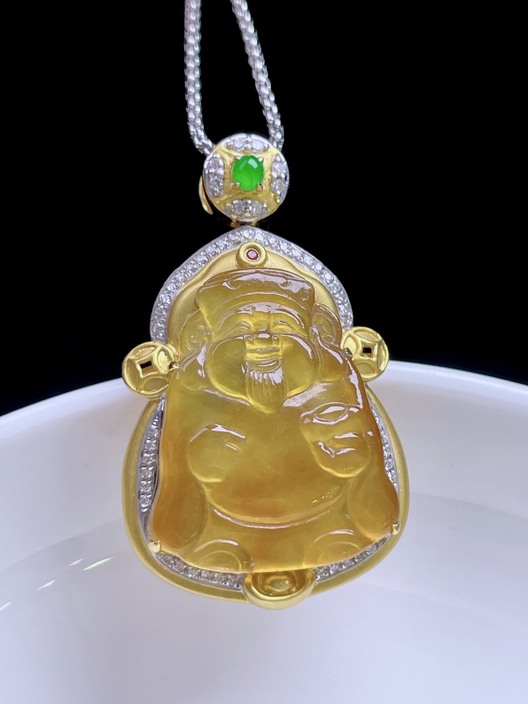 ️【冰种金黄财神 缅甸，无裂，色泽艳丽，18k金镶嵌 整体：35/21.3/11 裸石：21.7/