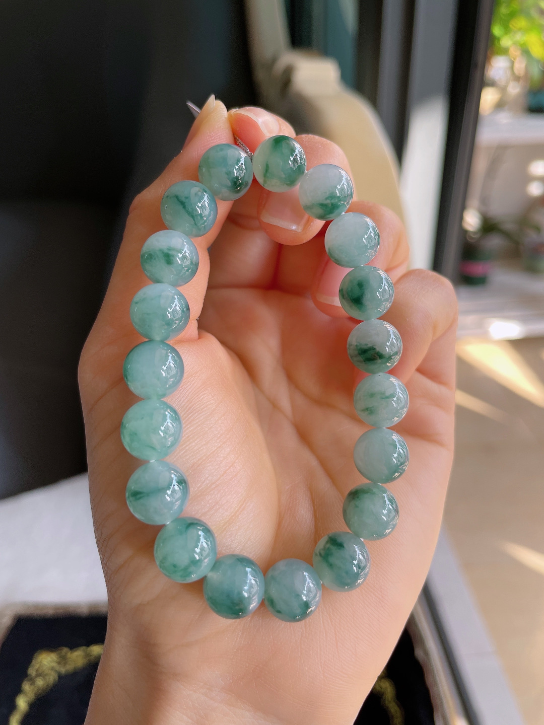 缅甸天然翡翠A货，冰飘花手链，尺寸：10mm。【编3190】