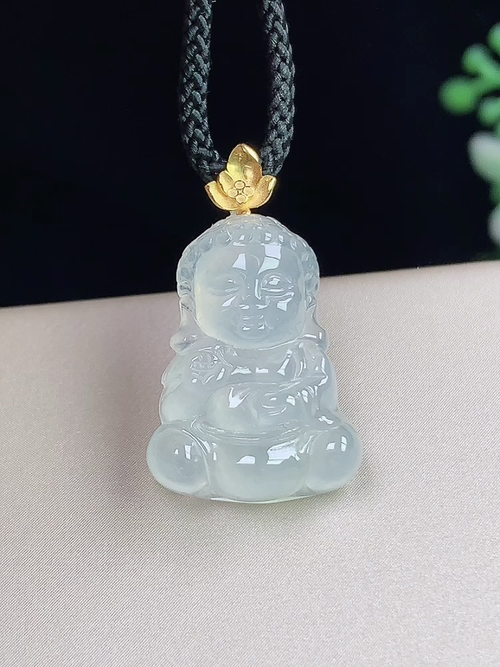 18k金镶冰种宝宝佛，无裂，尺寸19.2-14.2-5.5mm，S05cdg