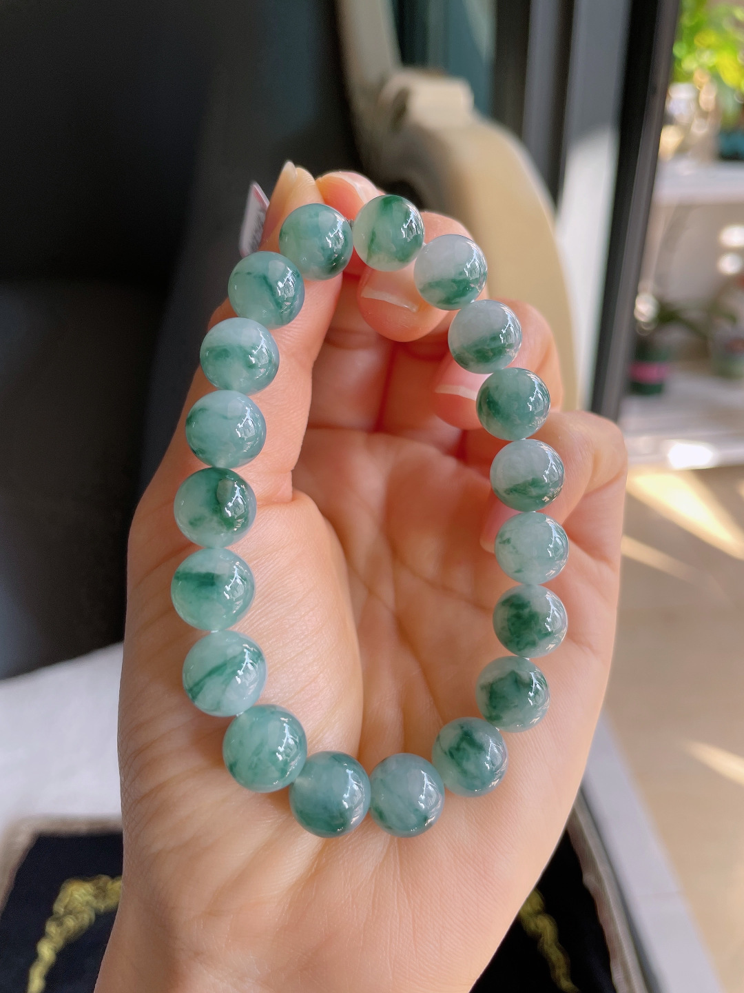 缅甸天然翡翠A货，冰飘花手链，尺寸：10mm。【编3190】