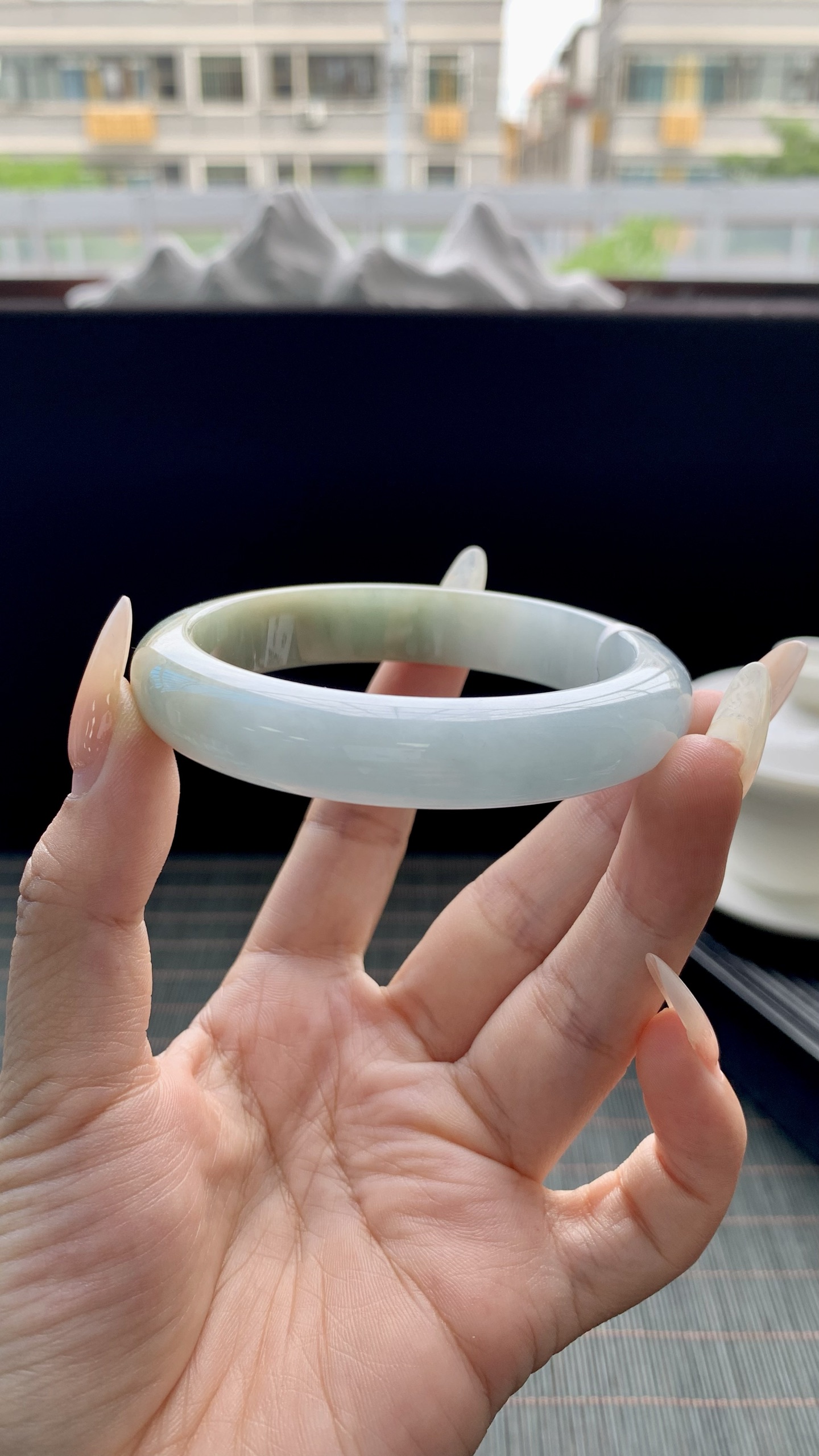 黄翡半山水正圈手镯成品 HYY-6008 尺寸：57-12-8