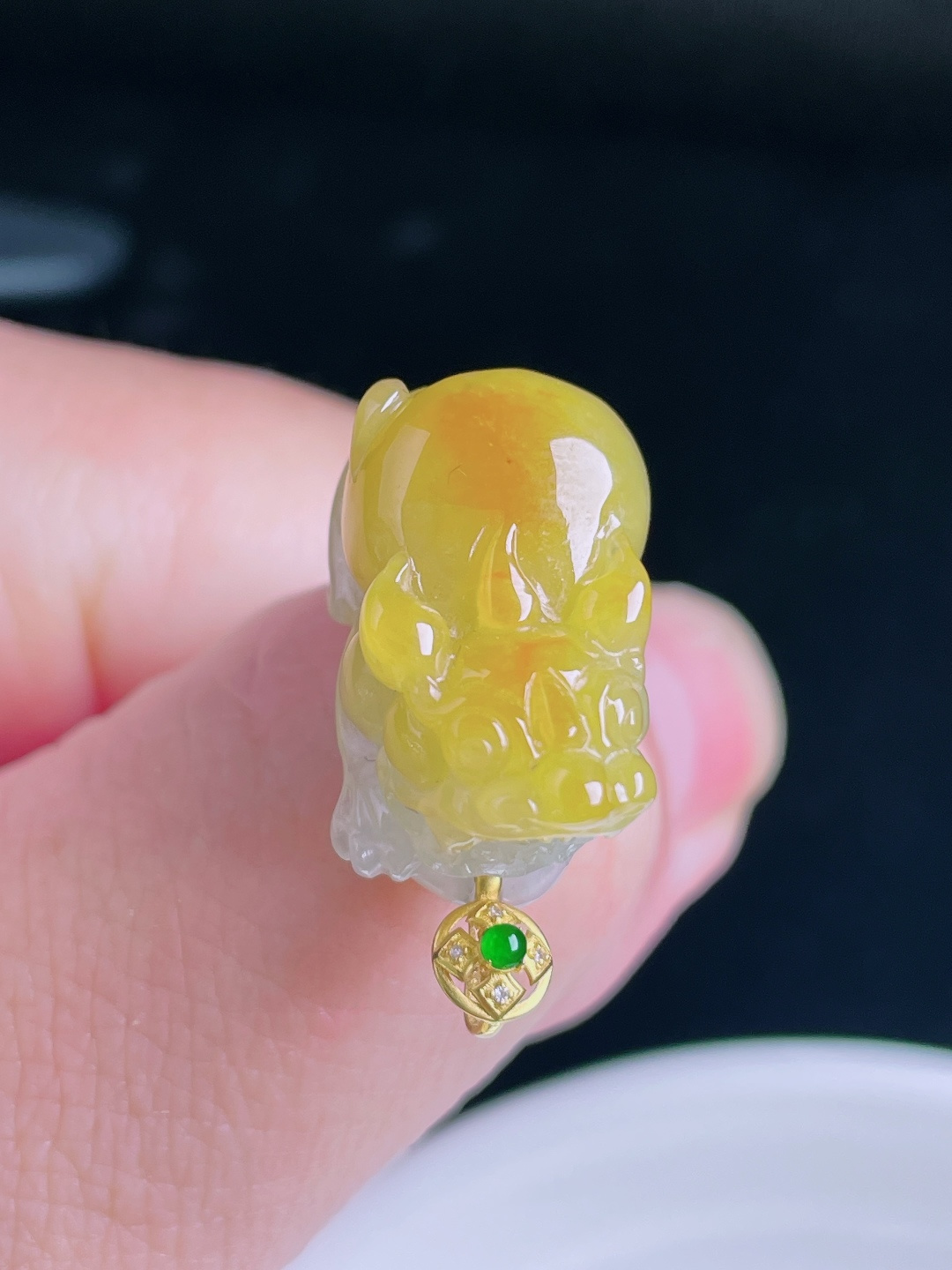 ️冰黄貔貅，18k镶嵌，老种起光，细底通透，尺寸：25.8裸石20/12.5/12.7mm1005