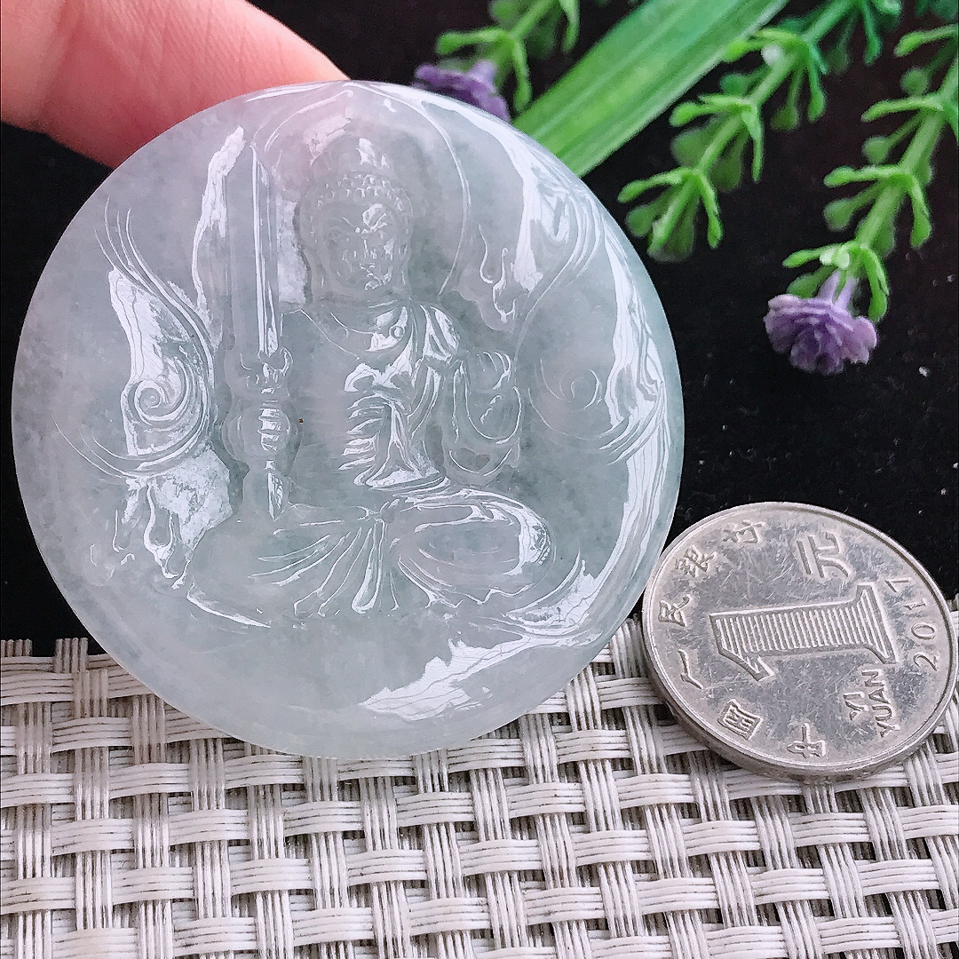 实拍A货翡翠51/5老坑冰润白月光不动明王吊坠翡翠挂件玉牌