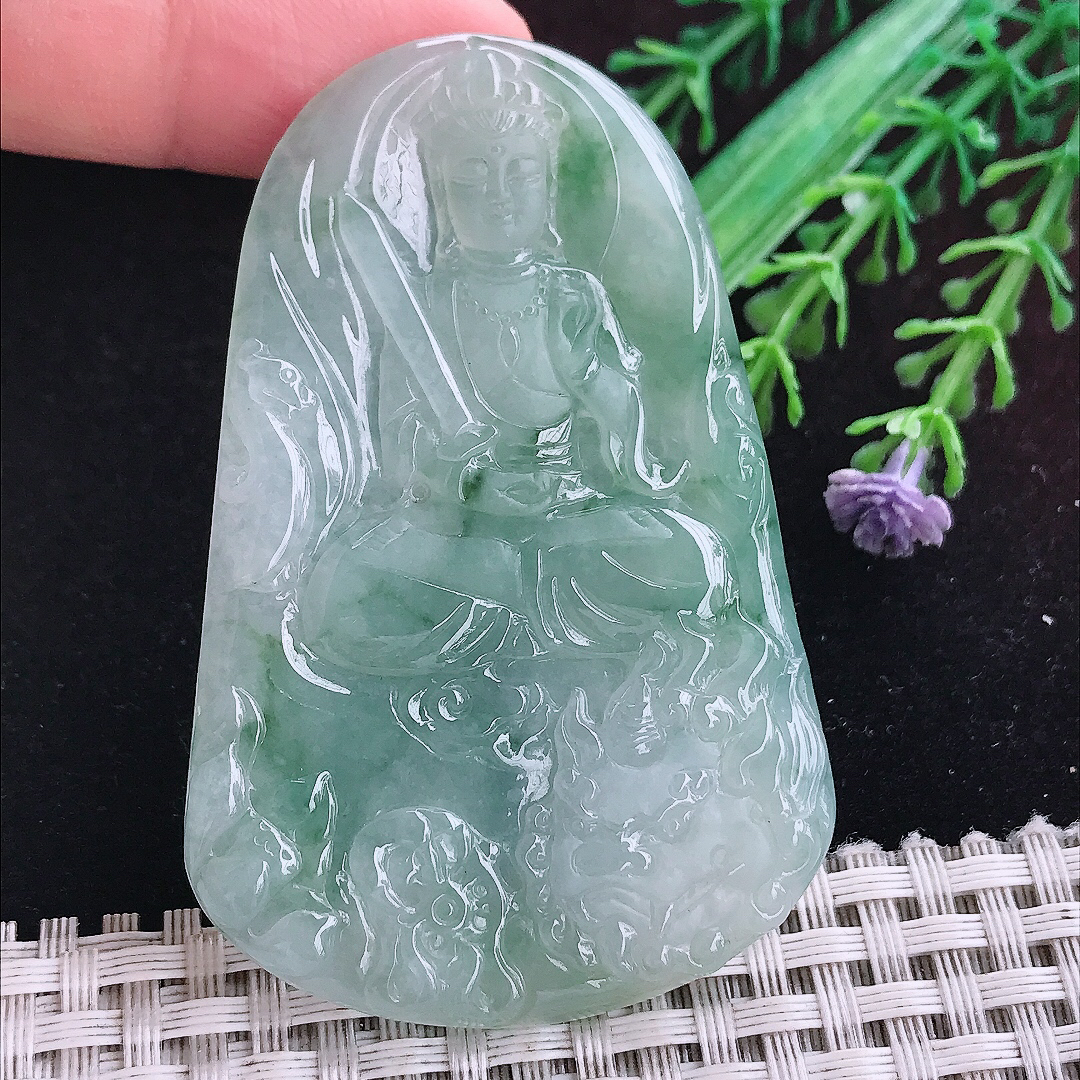 实拍A货翡翠66/43/5.3老坑冰胶飘花文殊菩萨吊坠翡翠挂件玉牌