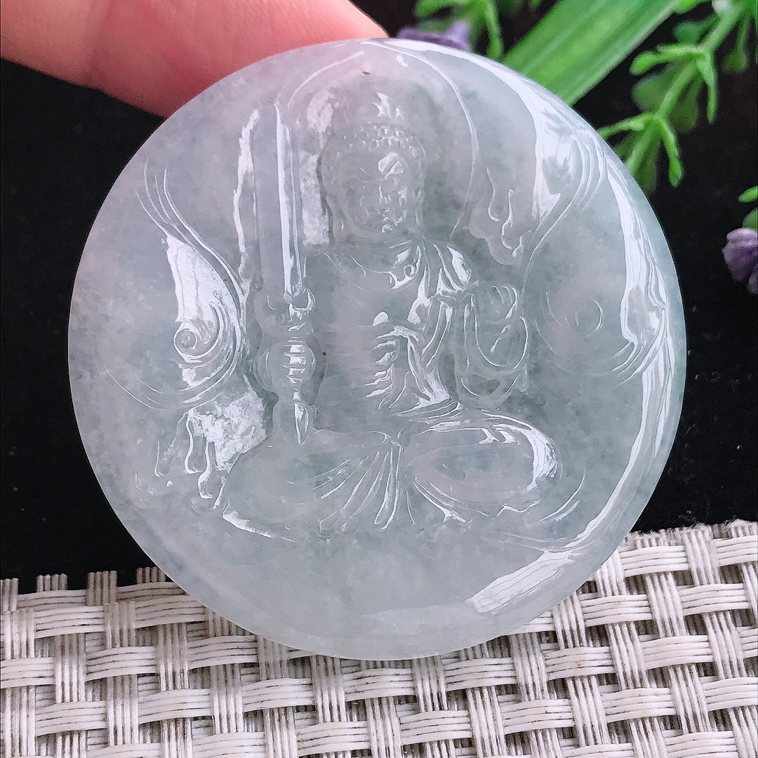 实拍A货翡翠51/5老坑冰润白月光不动明王吊坠翡翠挂件玉牌
