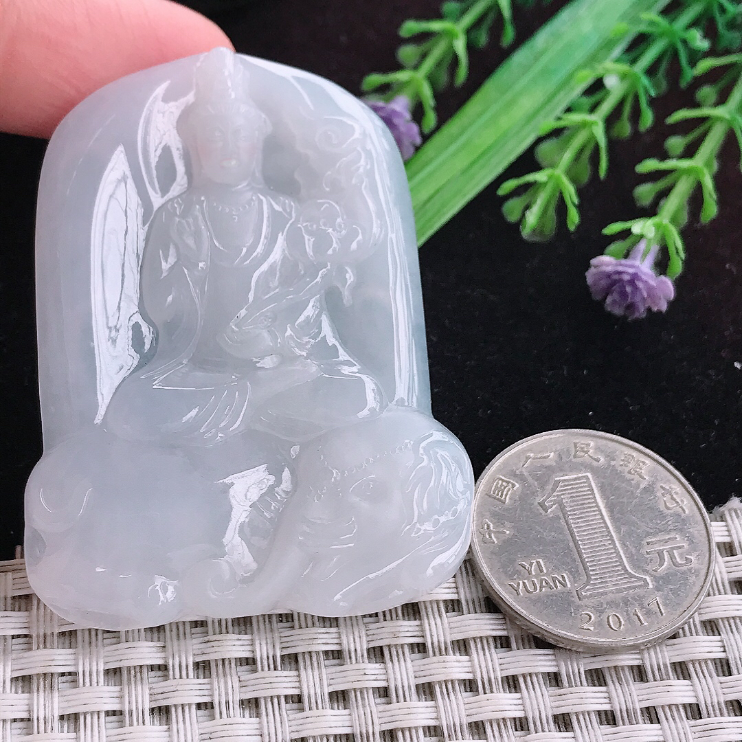 实拍A货翡翠55.8/43.5/5.8老坑冰润起胶白月光普贤菩萨吊坠翡翠挂件