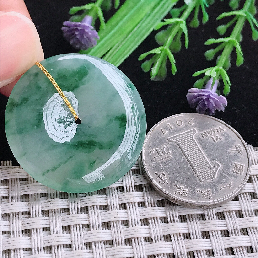 实拍A货翡翠32.4/5.6老坑冰胶冰飘花平安扣吊坠翡翠挂件玉扣