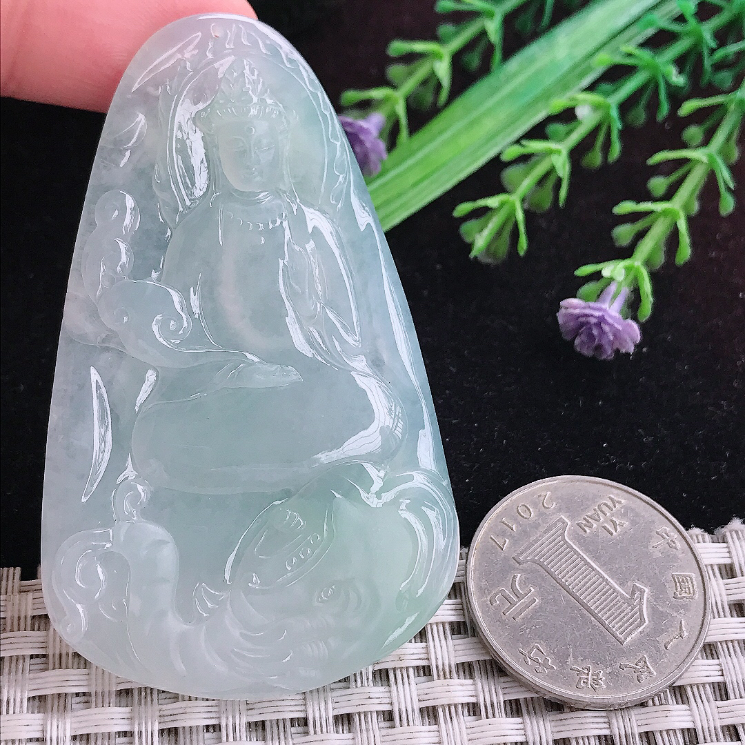 实拍A货翡翠67/40/5.8老坑冰胶果冻晴底普贤菩萨吊坠生肖守护神