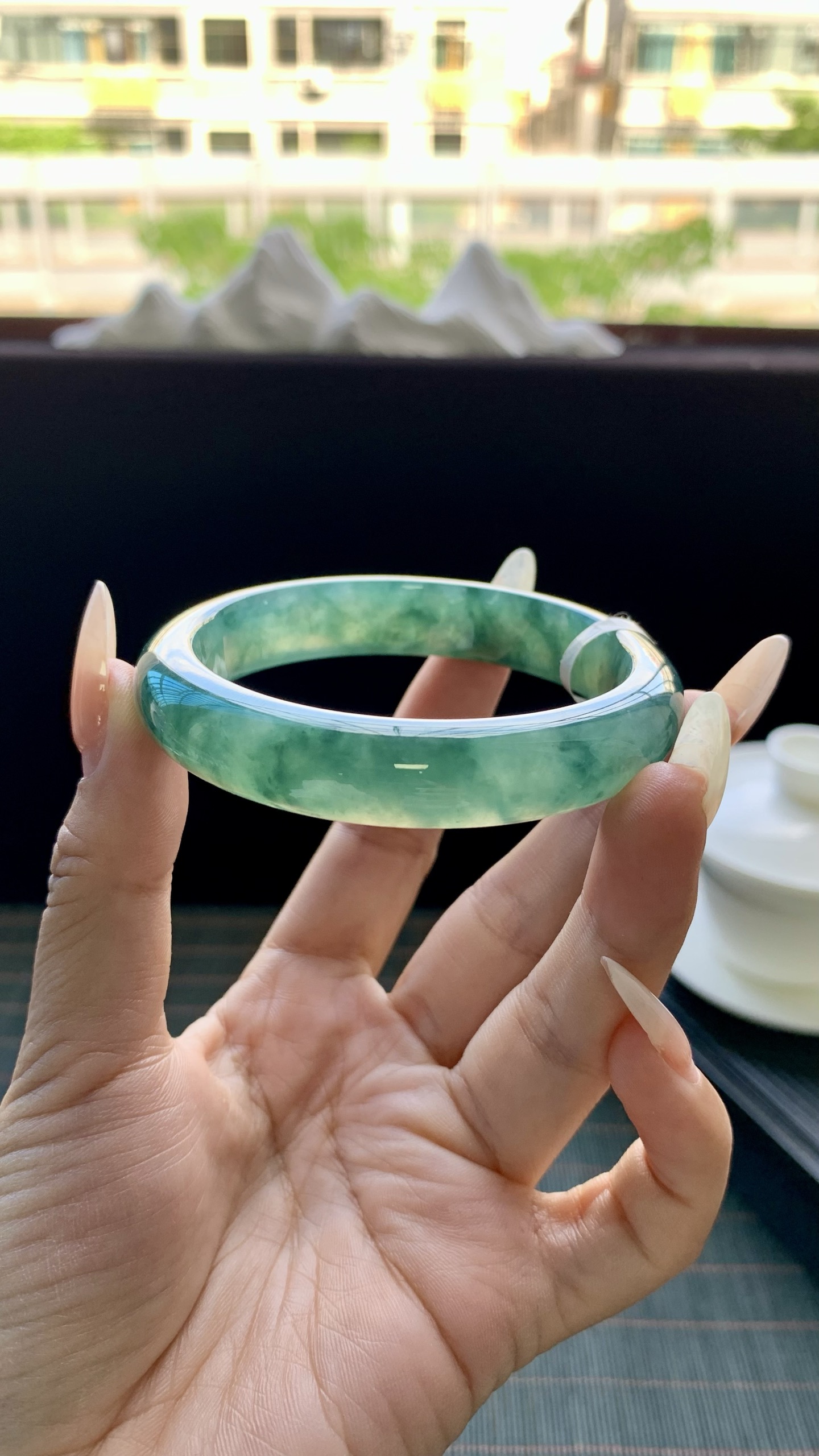 湖水绿冰飘花正圈手镯成品 G63-17 尺寸：54.5-12-8，G63-17