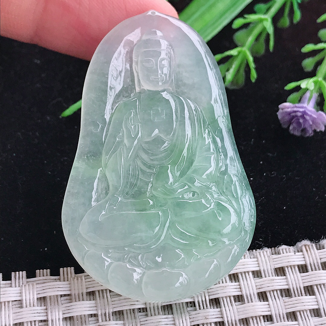 实拍A货翡翠50.5/33.3/6老坑冰种晴底阿弥陀佛吊坠翡翠挂件玉牌
