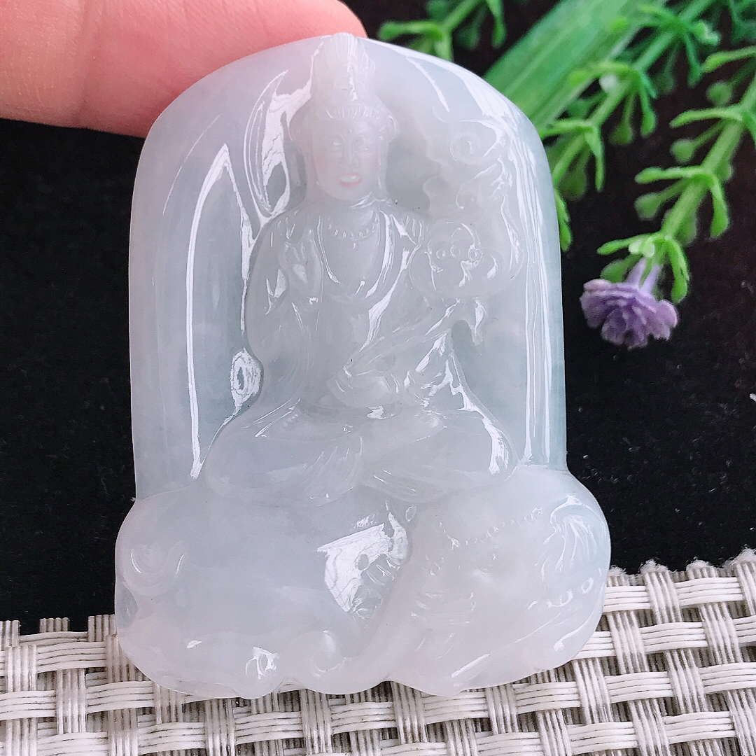 实拍A货翡翠55.8/43.5/5.8老坑冰润起胶白月光普贤菩萨吊坠翡翠挂件
