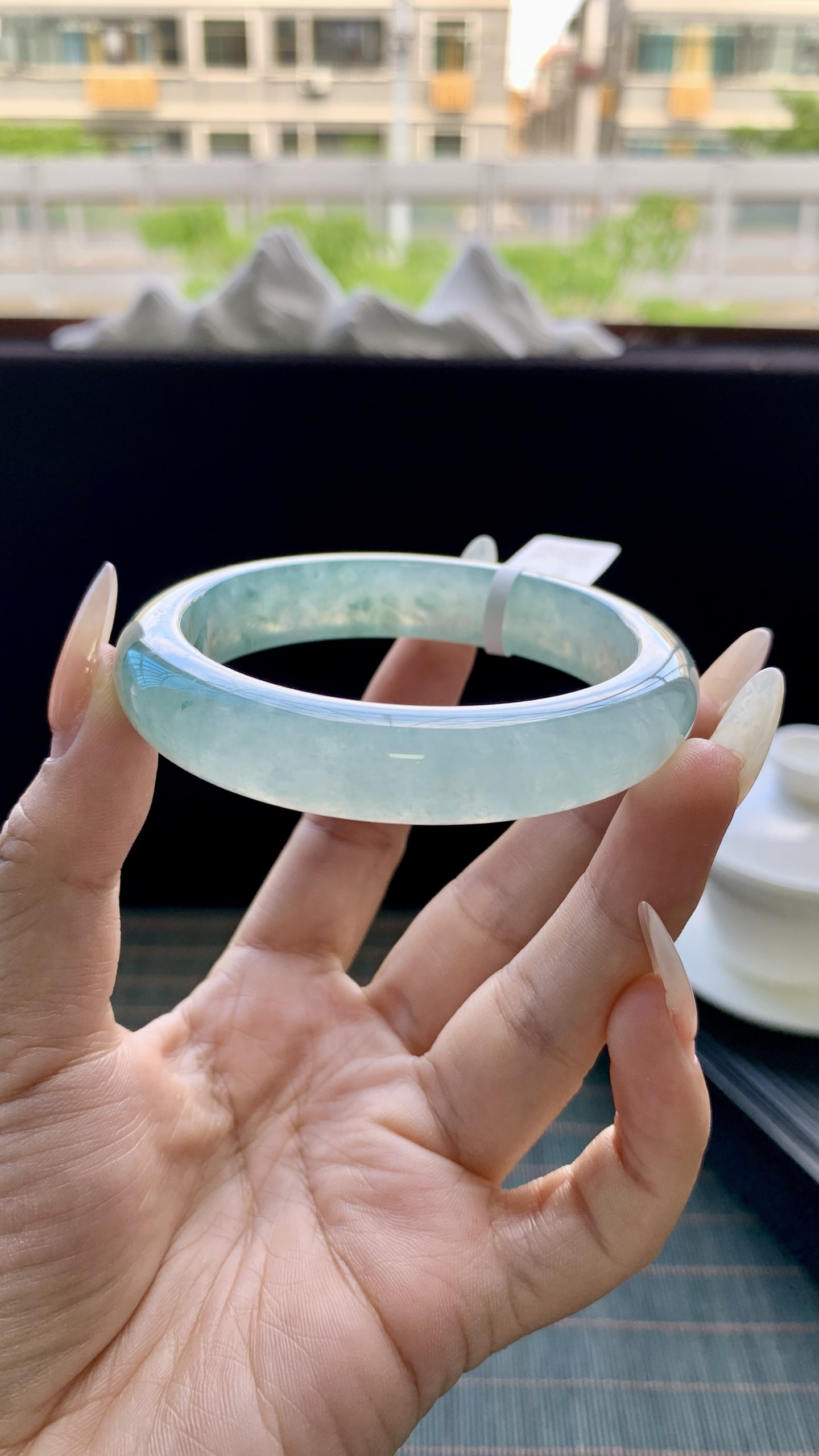 湖水绿冰飘花正圈手镯成品 A1228-2 尺寸：56-12.5-8.5