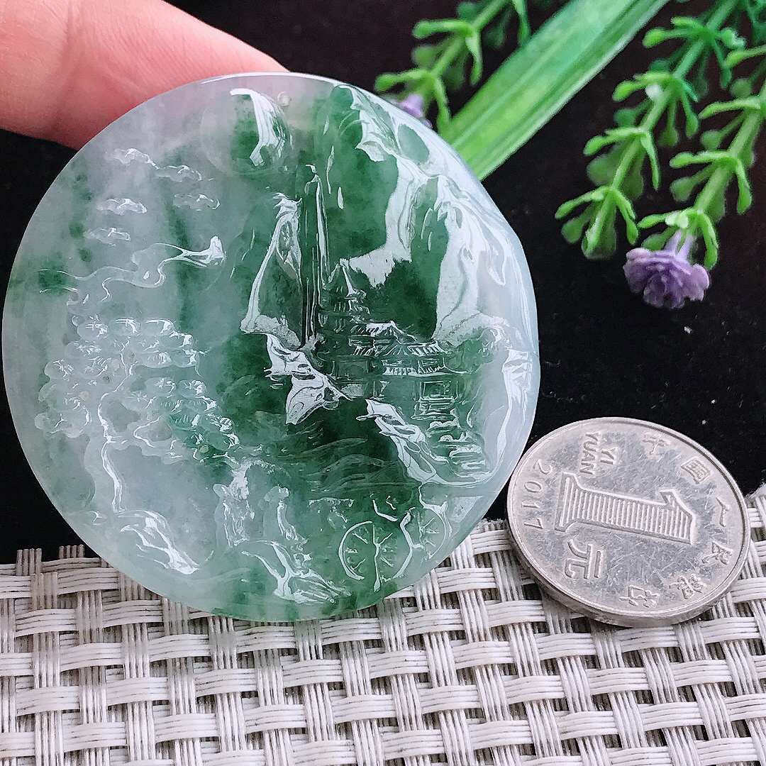 实拍A货翡翠53.5/5.2老坑冰胶飘花山水牌吊坠翡翠圆牌
