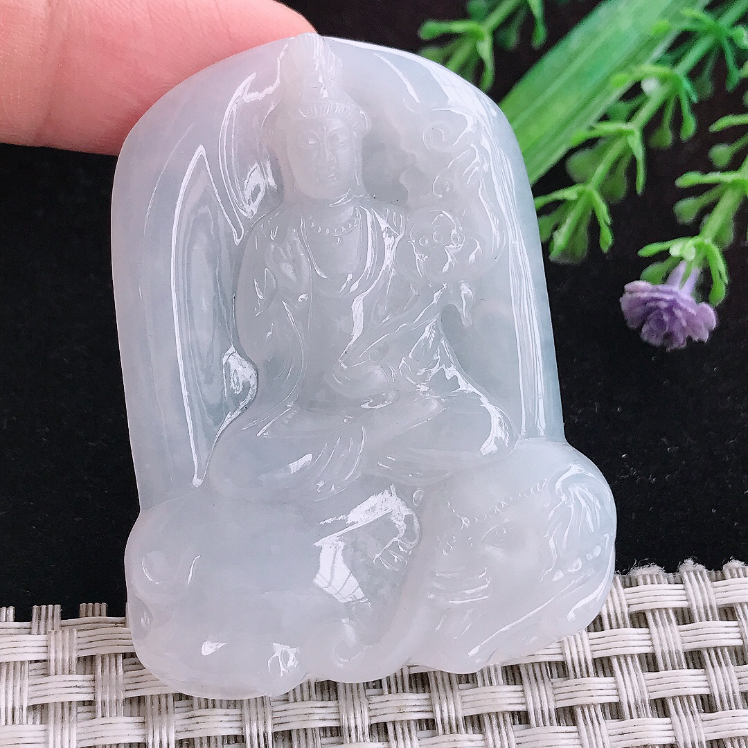 实拍A货翡翠55.8/43.5/5.8老坑冰润起胶白月光普贤菩萨吊坠翡翠挂件