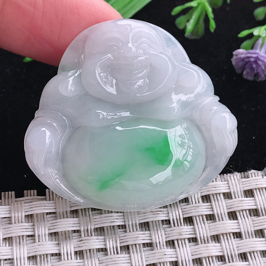实拍A货翡翠36/40/7.8老坑冰润白底青佛公吊坠翡翠挂件玉牌