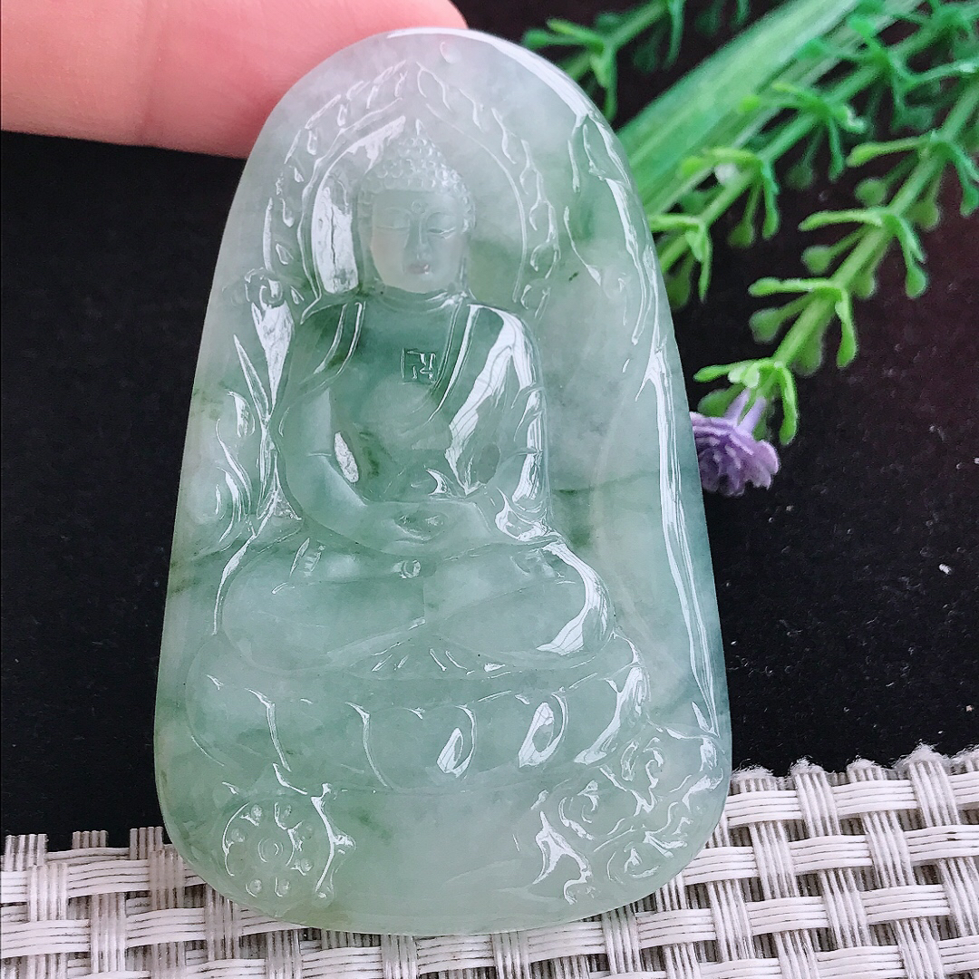 实拍A货翡翠65.5/42.6/5.6老坑冰润起胶冰飘花如来佛祖吊坠翡翠挂件玉牌