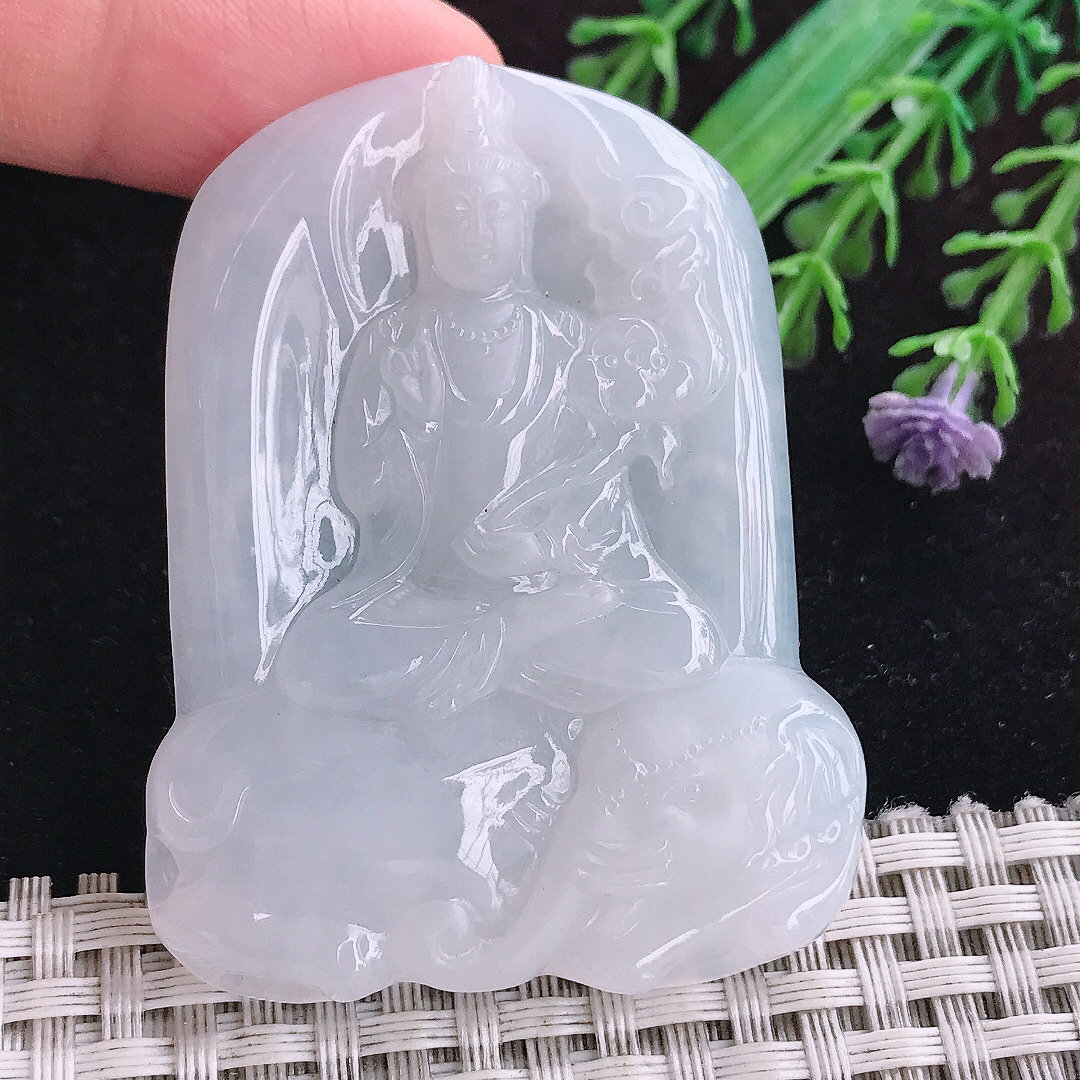 实拍A货翡翠55.8/43.5/5.8老坑冰润起胶白月光普贤菩萨吊坠翡翠挂件