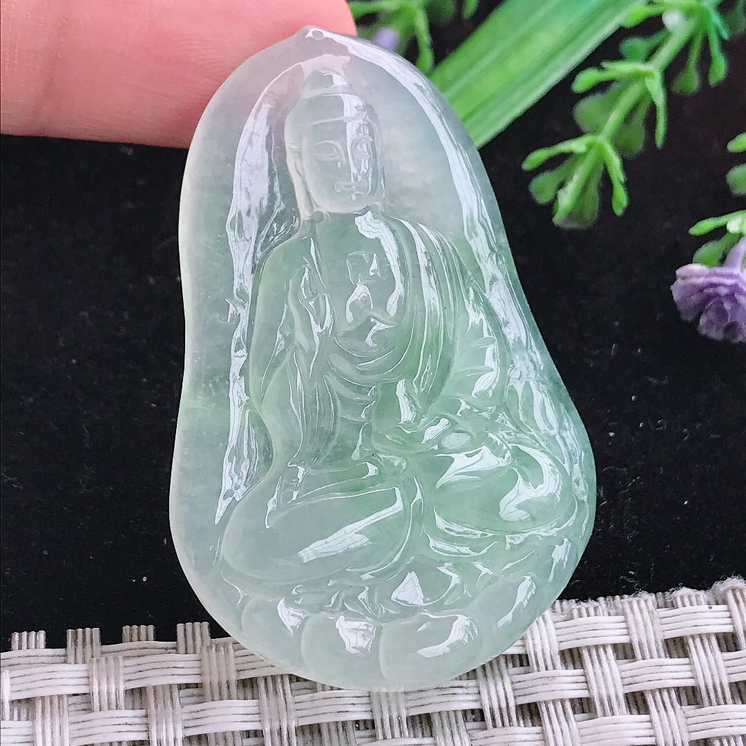 实拍A货翡翠50.5/33.3/6老坑冰种晴底阿弥陀佛吊坠翡翠挂件玉牌