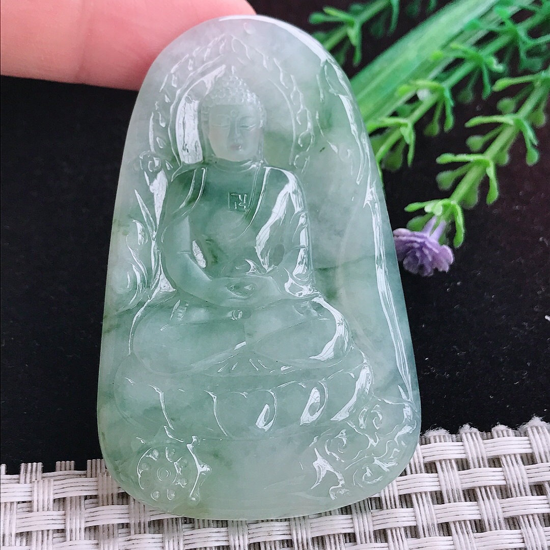 实拍A货翡翠65.5/42.6/5.6老坑冰润起胶冰飘花如来佛祖吊坠翡翠挂件玉牌