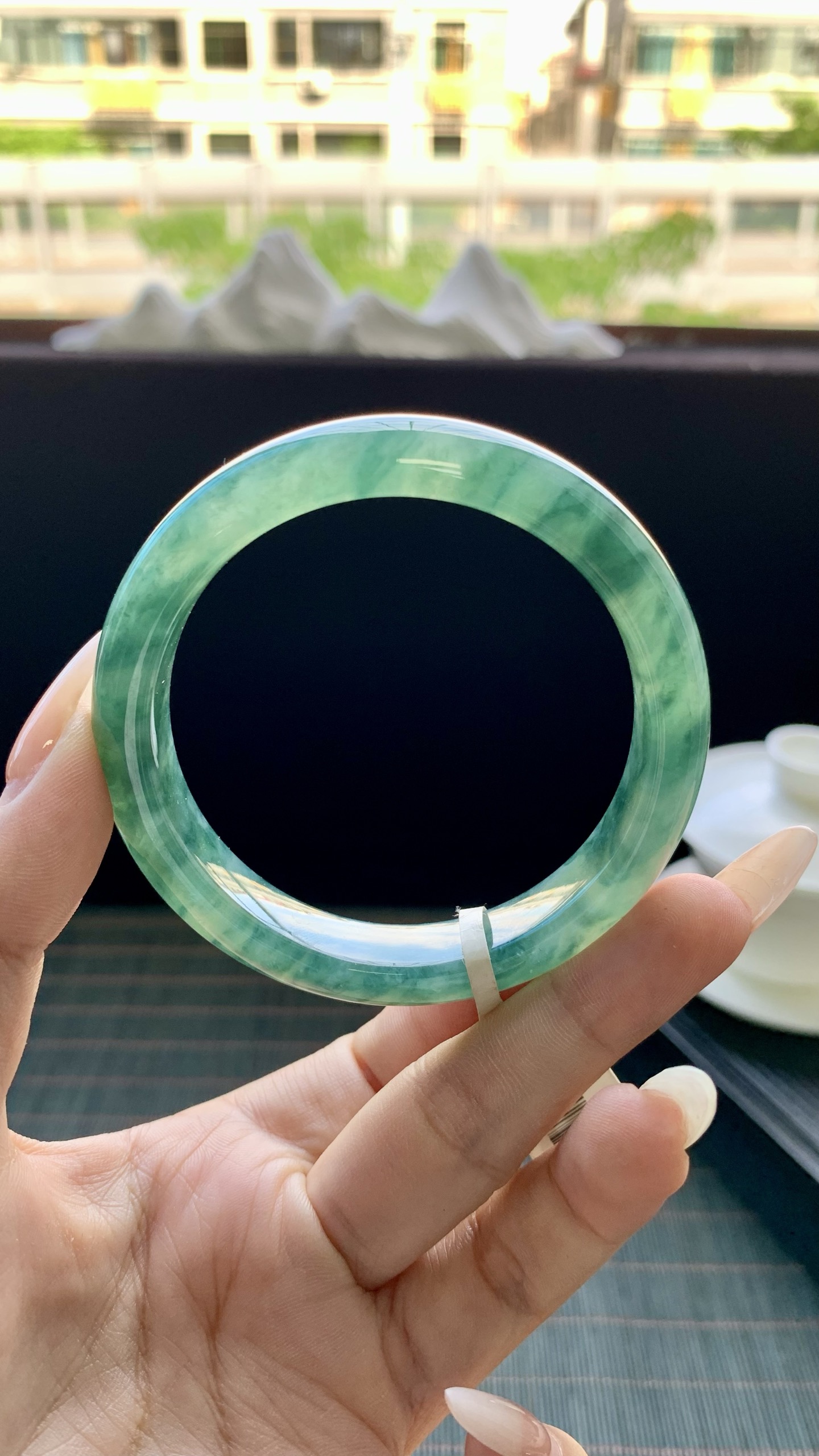 湖水绿冰飘花正圈手镯成品 G63-17 尺寸：54.5-12-8，G63-17