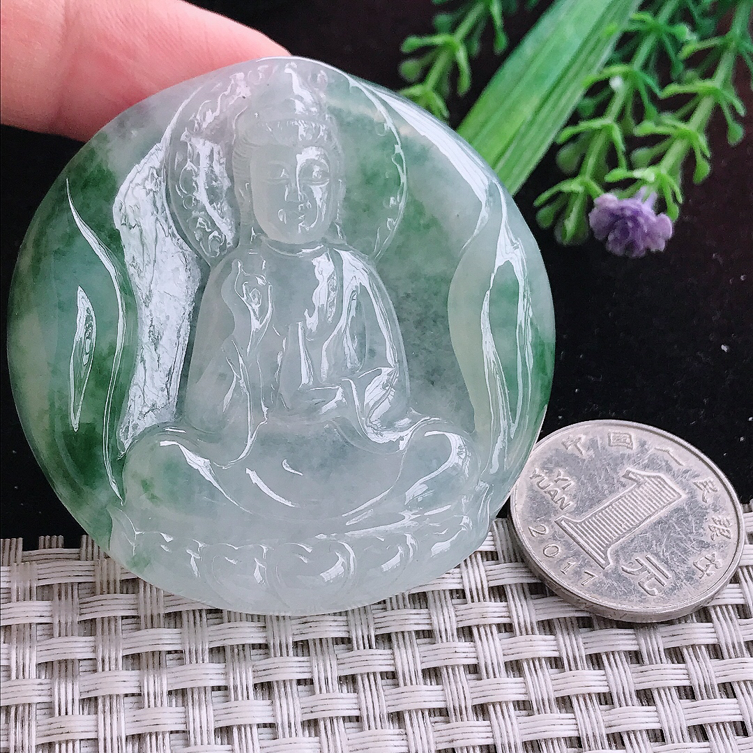 实拍A货翡翠56.3/7.6老坑冰润起胶冰飘花赐福观音吊坠翡翠挂件玉牌