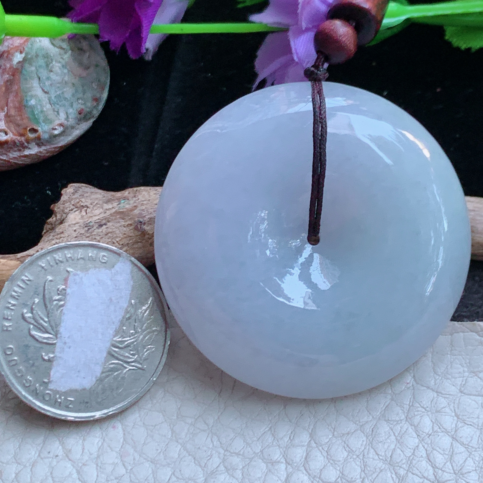 zen实拍44.8*12精雕缅甸翡翠a货淡紫饱满大平安扣 玉扣玉吊坠 毛衣坠