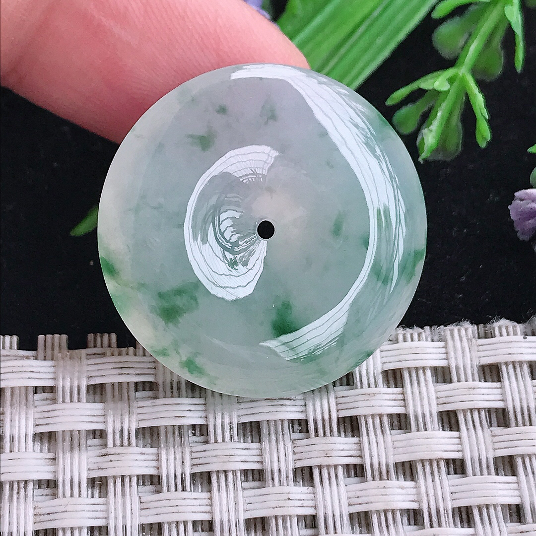 实拍A货翡翠27.6/6老坑冰种飘花平安扣吊坠翡翠玉扣挂件