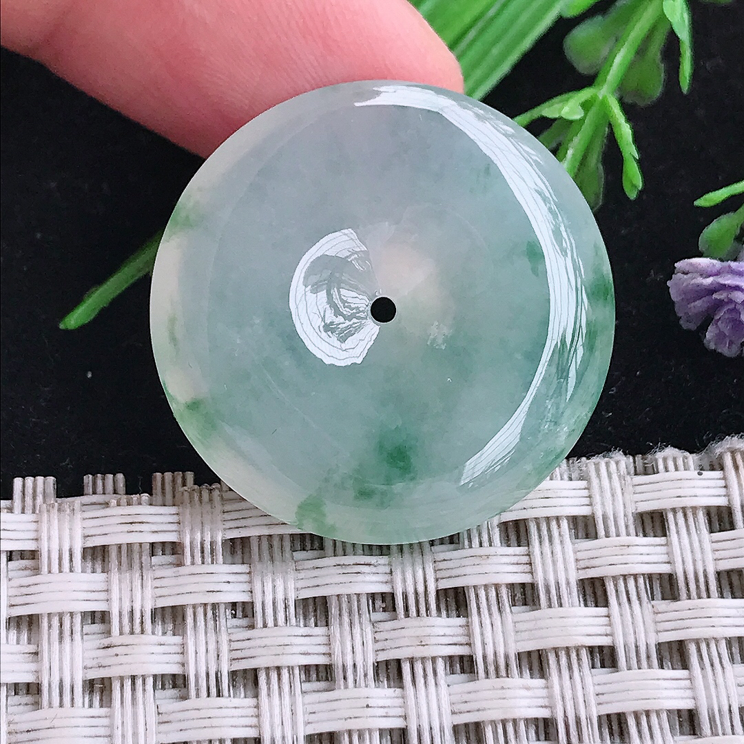 实拍A货翡翠27.6/6老坑冰种飘花平安扣吊坠翡翠玉扣挂件