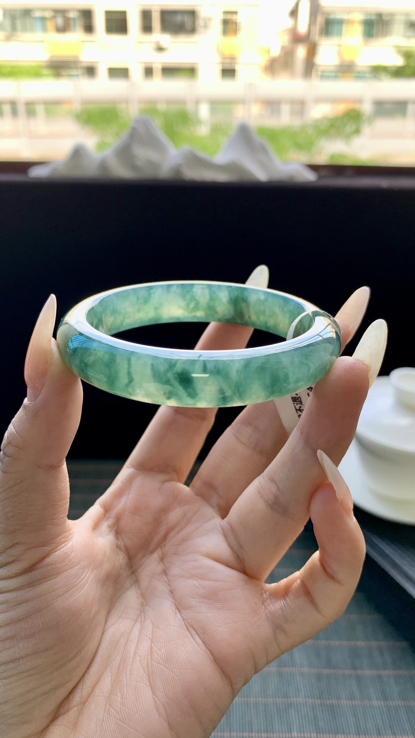 湖水绿冰飘花正圈手镯成品 G63-17 尺寸：54.5-12-8，G63-17