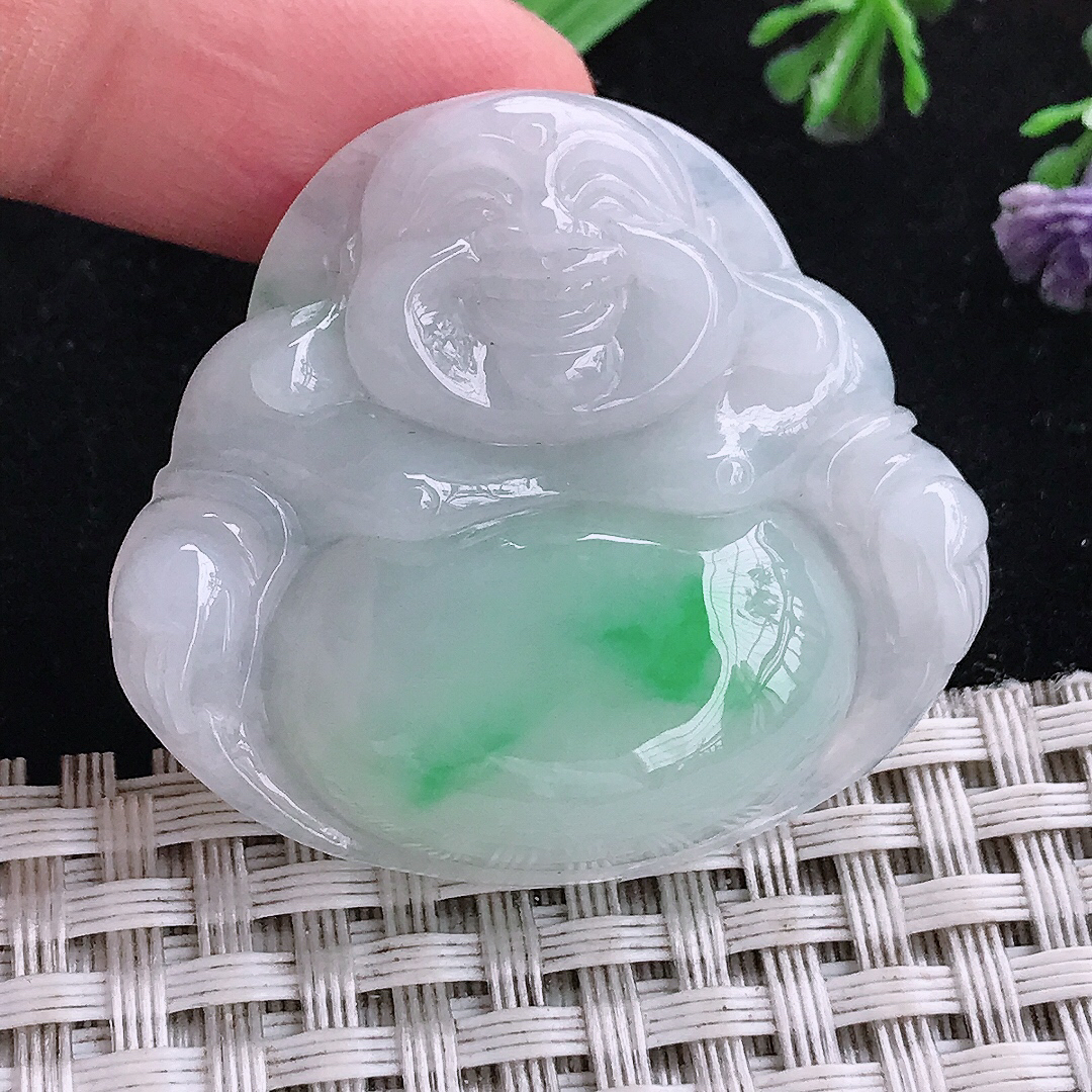 实拍A货翡翠36/40/7.8老坑冰润白底青佛公吊坠翡翠挂件玉牌